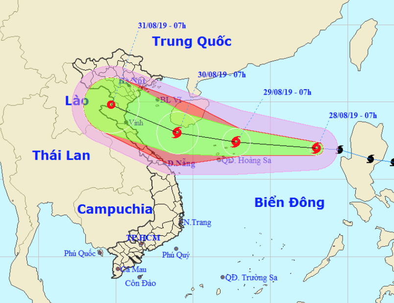 Dự báo bão số 4 di chuyển theo hướng Tây Tây Bắc, có khả năng mạnh thêm và sẽ đi vào đất liền các tỉnh từ Thanh Hóa đến Quảng Bình.